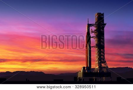 Space Launch System On Launchpad Over Background Of Pink Clouds. 3d Illustration.