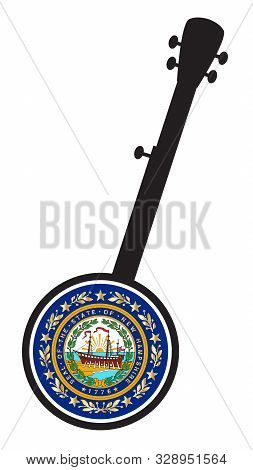 A Typical Five String Banjo In Silhouette On A White Background Woth The Icon From The State Flagl O