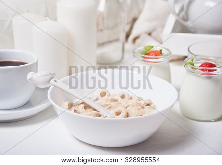 Delicious And Nutritious Cereal Loops In A Bowl With Milk For Healthy Breakfast For Kids