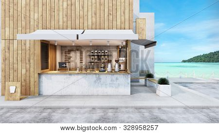 Front View Cafe Shop  Restaurant Modern Minimal Design.wood Slats Wall,counter Top Wood,counter Conc