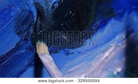 Artist Copyist Paint Seascape With Ship In Ocean. Craftsman Decorator Draw As Boat Sail On Blue Sea 