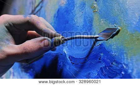 Artist Copyist Paint Seascape With Ship In Ocean. Craftsman Decorator Draw As Boat Sail On Blue Sea 