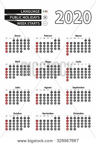 Spanish Calendar 2020 With Numbers In Circles, Week Starts On Sunday. Vector Calendar 2020.