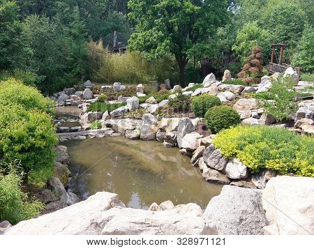 Japanese Garden Mu-shin With Stream And Bridge At Zoo Lesna, Zlin, Czech Republic, Image