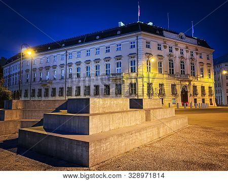 Austrian Chancellery By Night, Government Building At Ballhausplatz In Central Vienna