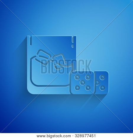 Paper Cut Game Dice And Glass Of Whiskey With Ice Cubes Icon Isolated On Blue Background. Casino Gam