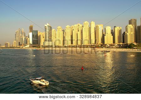 Dubai / Uae - October 17, 2019: Jbr. Panoramic View Of Jumeirah Beach Residence Skyscrapers. Water S