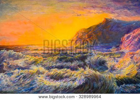 Storm At Sea, Violent Waves And Sunset In The Distance.