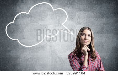 Brown Haired Woman Looks Pensive Upwards And Tries To Remember Something. Blank Speech Bubble Illust