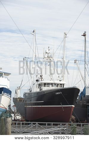 Fairhaven, Massachusetts, Usa - October 20, 2019: Commercial Fishing Vessel Liberty Hauled Out At Fa
