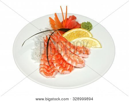 Plate With Rice Noodles, Shrimps, Sliced Lemon, Pickled Ginger And Wasabi. Isolated On White Backgro