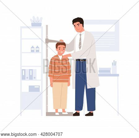 Pediatrician Measuring Kids Height With Stadiometer In Pediatric Doctor Office. Child Visiting Physi