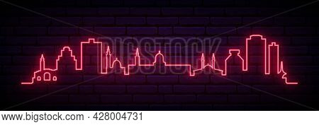 Red Neon Skyline Of Damascus. Bright Damascus City Long Banner. Vector Illustration.
