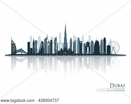 Dubai Skyline Silhouette With Reflection. Landscape Dubai, Uae. Vector Illustration.