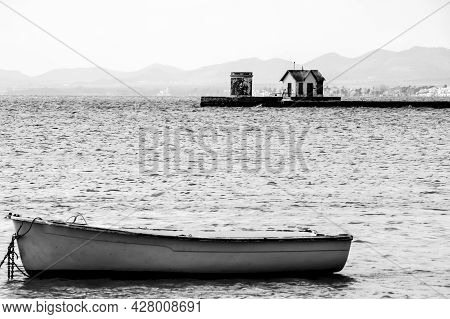 Boats Moored On La Concha Beach In Los Alcazares Village, (murcia Community, Spain) On A Sunny Day O