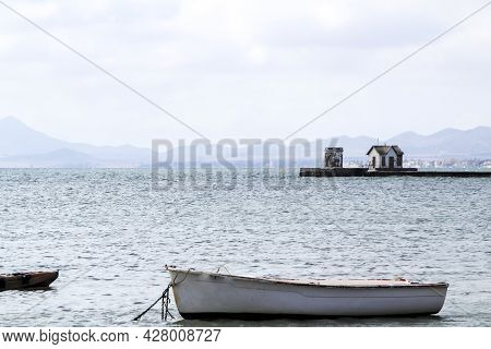 Boats Moored On La Concha Beach In Los Alcazares Village, (murcia Community, Spain) On A Sunny Day O