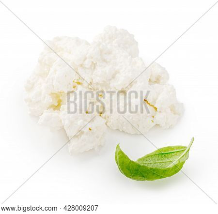 Fresh Ricotta Cheese Isolated. Heap Of Ricotta Soft Cheese With Basil Leaves On White Background. Ch