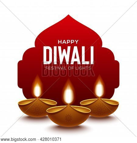 Happy Diwali Design With Diya Oil Lamp Elements On Red & White Background
