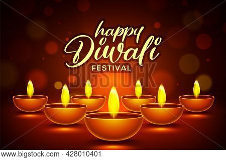 Happy Diwali Design With Diya Oil Lamp Elements On Brown Rangoli Background, Bokeh Sparkling Effect
