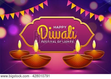 Happy Diwali Design With Diya Oil Lamp Elements On Purple Rangoli Background, Bokeh Sparkling Effect