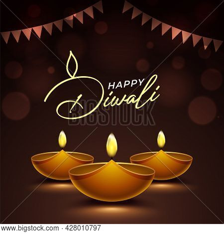 Happy Diwali Design With Diya Oil Lamp Elements On Brown Rangoli Background, Bokeh Sparkling Effect