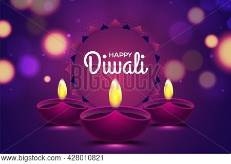 Happy Diwali Design With Diya Oil Lamp Elements On Purple Rangoli Background, Bokeh Sparkling Effect