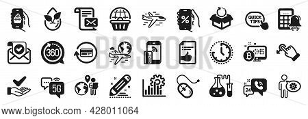 Set Of Technology Icons, Such As Time, Drag Drop, Organic Product Icons. 360 Degrees, Airplane, Outs
