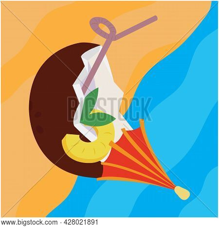 Coconut Cocktail On The Shores Of The Azure Sea. Vector Stock Illustration