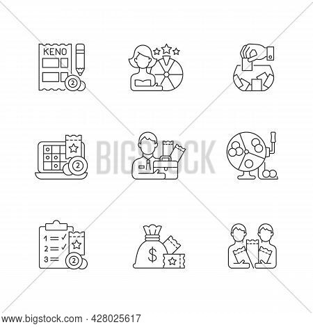 Gambling Game Types Linear Icons Set. Quiz Show. Keno Game. Raffle. Lottery Agent. Daily Draws. Cust