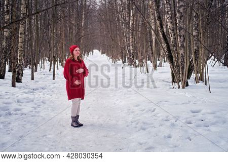 A Happy Pregnant Woman In A Knitted Sweater And A Hat Walks In The Park, A Winter Forest With Trees 
