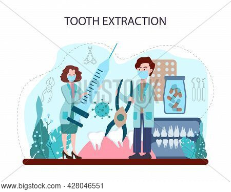 Dentist Concept. Dental Doctor In Uniform Extracting Human Tooth