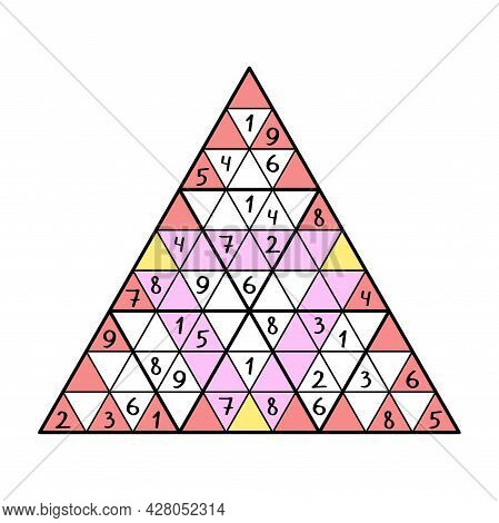 Grand Colorful Triangular Sudoku Puzzle White Isolated Vector Illustration. Full The Puzzle By 1-9 N