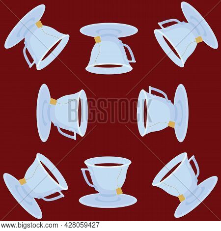 Tea Cups With Saucers On A Brown Background. Seamless Pattern. Vector Stock Illustration.