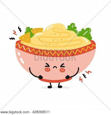 Cute Sad Funny Traditional Hummus Bowl Character. Vector Flat Cartoon Kawaii Character Illustration 