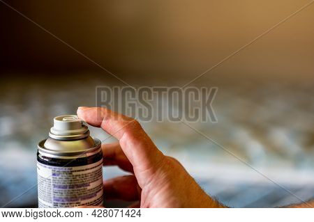 Selective Focus On Insect Insecticide Aerosol Can Fogger Used To Kill Bed Bugs, Spiders, Mites, Flie