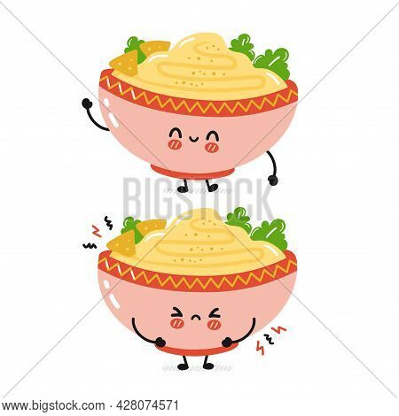 Cute Funny Sad And Happy Traditional Hummus Bowl Character. Vector Flat Cartoon Kawaii Character Ill