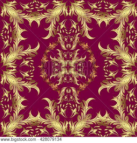 Vector Traditional Orient Ornament. Golden Pattern On Neutral, Yellow And Purple Colors With Golden 