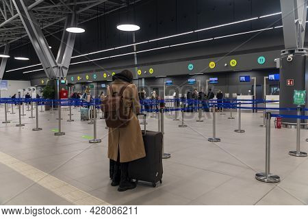 Thessaloniki, Greece - April 23, 2021. New Terminal of Thessaloniki Makedonia International Airport