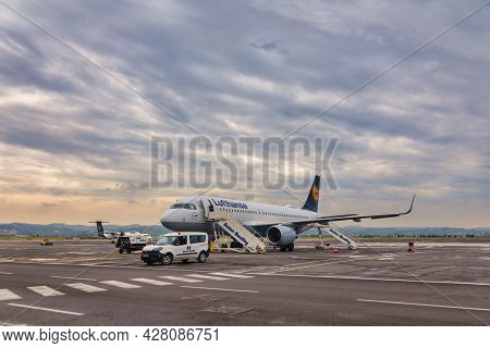 Plane Of The German Company Lufthansa Parked In Thessaloniki International Airport
