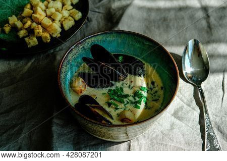 Delicious Homemade Chowder Seafood Soup With Mussels And Scallops.
