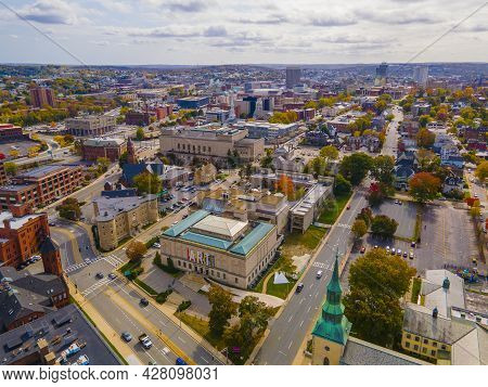 Aerial view of Worcester Art Museum at 55 Salisbury Street and downtown Worcester skyline at the background in fall in Massachusetts MA, USA.