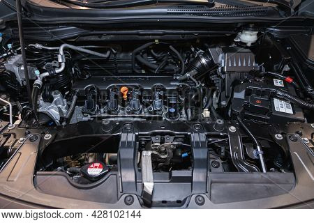 Novosibirsk, Russia - July 21 , 2021:  Honda Cr-v, Car Engine Close-up. Internal Combustion Engine, 