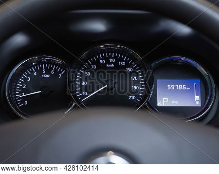 Novosibirsk, Russia - July 21 , 2021:  Nissan Terrano, Car Dashboard With White  Backlight: Odometer
