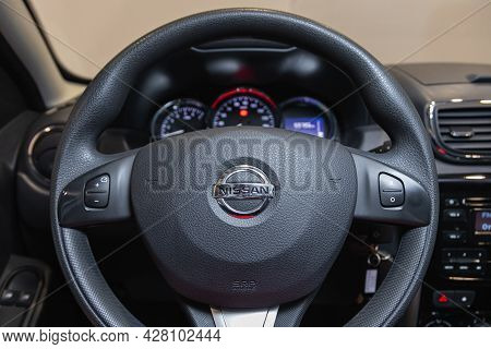 Novosibirsk, Russia - July 21 , 2021:  Nissan Terrano, Steering Wheel With  Logo    And  Speedometer