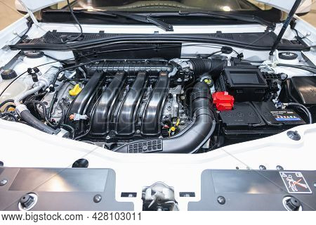 Novosibirsk, Russia - July 21 , 2021:  Nissan Terrano, Car Engine Close-up. Internal Combustion Engi