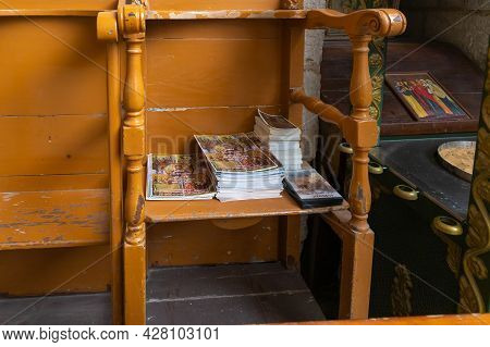 Jerusalem, Israel, July 17, 2021 : Religious Brochures, Books And Videodiscs In Arabic Lie On A Wood