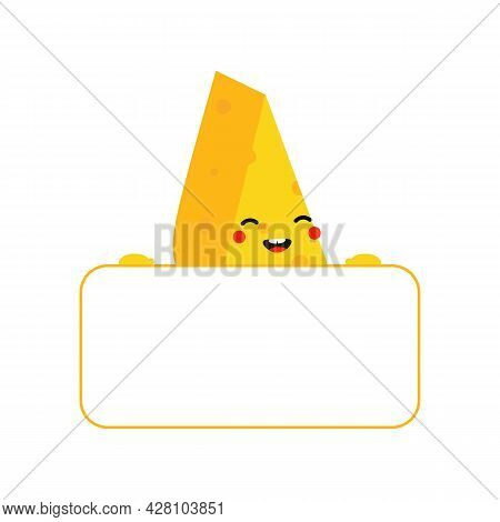 Cute And Smiling Cartoon Style Cheese Chunks, Dairy Products Character Holding In Hands Blank Card, 