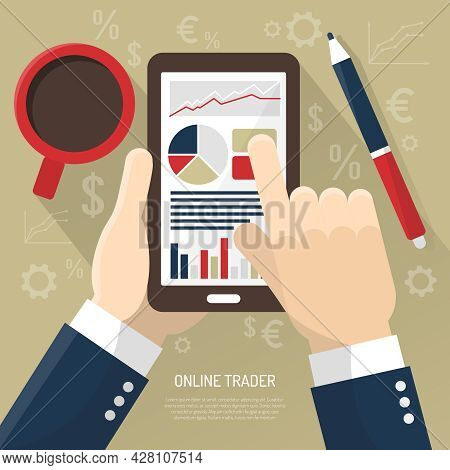 Stock Market On Smartphone With Hands Of Trader Cup Of Coffee Stylus On Beige Background Vector Illu