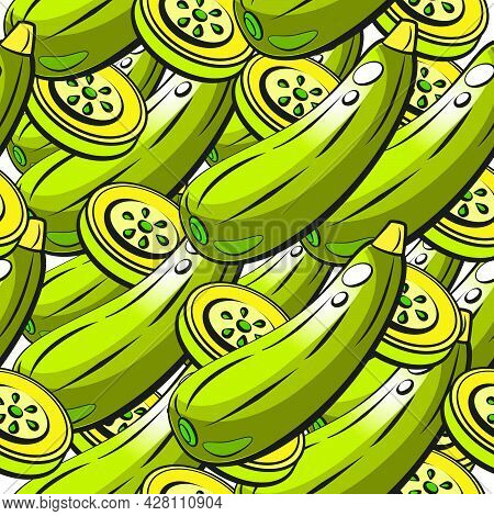 Illustration Of A Bright Drawing Of Zucchini, Vegetable Zucchini For Printing. A Floral Pattern Cons