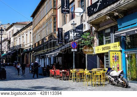 Bucharest, Romania - 5 June 2021: Old Buildings In The Historical Center In A Sunny Summer Day